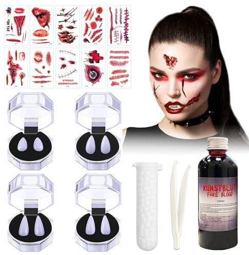 Schminke Make Up Set - Kunstblut 100ml, Vampirzähne 13-19mm, Narbe Tattoo, Zombie Vampir Wunden Narben Schminke für Kinder & Erwachsene