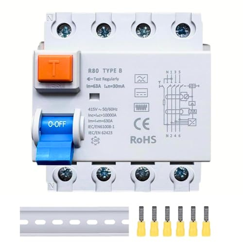 FI Schutzschalter 63A - 30mA / 4-Polig/Typ B, Allstromintensiver Fehlstromschutz, Fehlerstromschutzschalter, Automat Sicherung, DIN Hutschiene für Wallboxen Ladestationen (4P/63A/30mA)