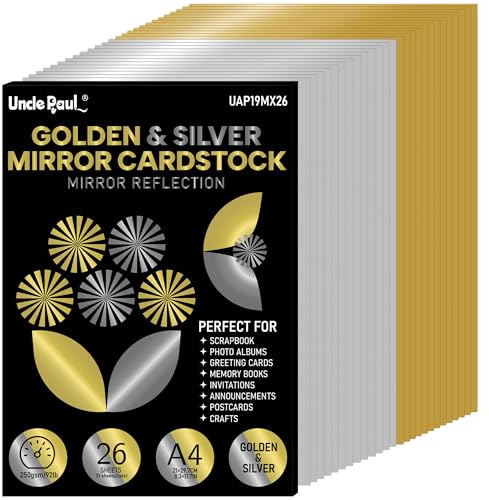 A4 Golden & Silver Mirror Cardstock – 26 Sheets (13 Gold+13 Silver), 250gsm/92lb Metallic Foil Reflective Card Paper for Crafts Decoration UAP19MX26