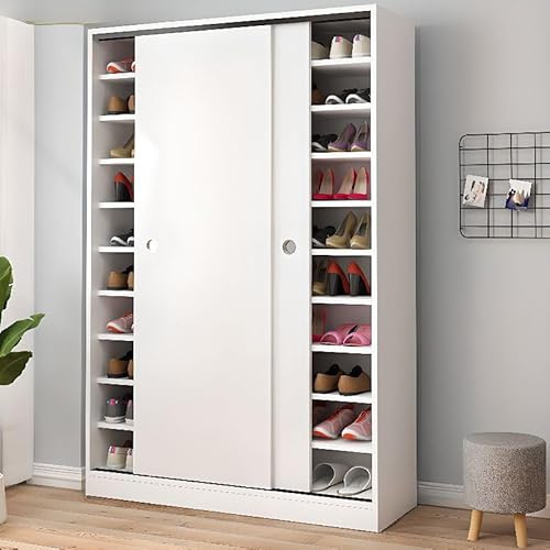 Zapatero alto de madera con 2 puertas correderas, estantes independientes para garaje y entrada, acabado blanco cálido (120 x 40 x 180 cm)