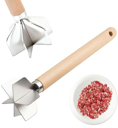 304 Stainless Steel Meat Chopper,6 Blade Ground Beef Masher with Wooden Handle, 11 Inch Potato Masher, Metal Meat Masher for Kitchen