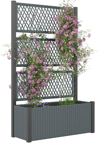 Outsunny Jardinière surélevée avec Treillis en rotin Jardinière avec Support pour Plantes grimpantes Parterre de Fleurs Bac à Fleurs Bac à Fleurs Treillis pour Jardin, Balcon 90 x 35 x 148 cm Gris