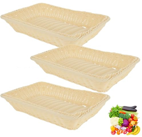 3 Piezas Cestas de Mimbres de Plástico, Cestas Mimbres 35 * 25 * 7 cm, Cesta de Mimbre para Setas, Cesta de Mimbre para Regalos, para el Hogar, Cocina, Restaurante, Tienda (Crema)