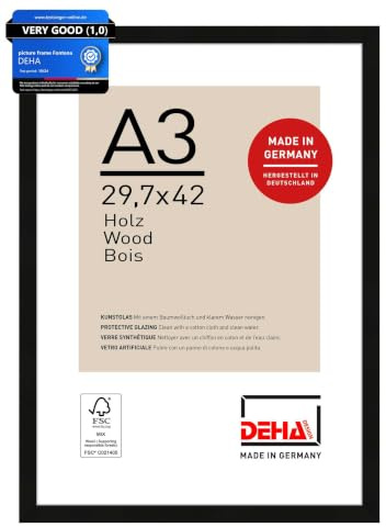 DEHA Design Holz Bilderrahmen Fontana, 29,7 x 42 cm (A3), Schwarz | Holz Posterrahmen im Hoch- & Querformat zum Aufhängen Schwarz matt bruchsicheres Kunstglas