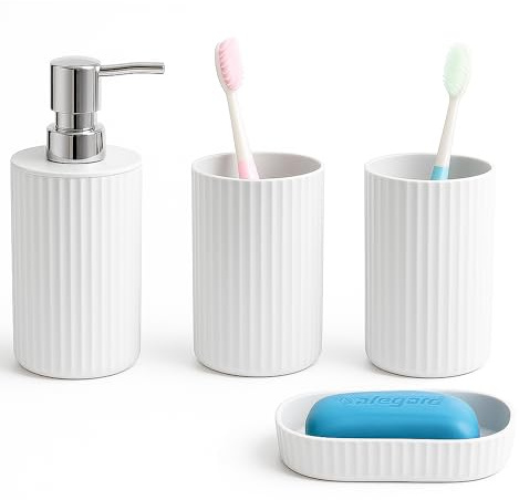 Novel Solutions Premium 4-Piece Bathroom Accessories Set – Matt Grey Rubber-Coated Soap Dispenser, Soap Dish, Tumbler Cup & Toothbrush Holder – Modern Vanity Organiser Kit (White Finish) | Soap Dispenser and Toothbrush Holder, Soap Dish & Tumbler, Rubber-Coated