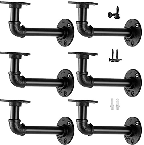 Janyang Industrial Pipe Shelf Brackets for 8 10 12 14 inches Board, Iron L Pipe Floating Shelves, Heavy Duty Metal Shelving Brackets - 6 Pack Black
