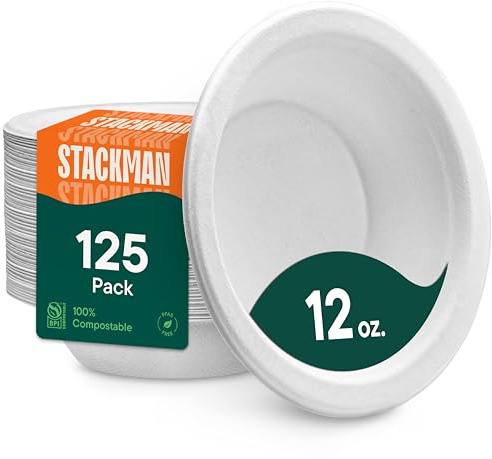100% Compostable Disposable Paper Bowls [125-Pack] - {PFAS-Free} - {BPI Certified} - [12 oz] Heavy Duty, Eco-Friendly, Biodegradable Bagasse Hot Soup Bowls - Thick White 12oz Bowl Plates by Stack Man