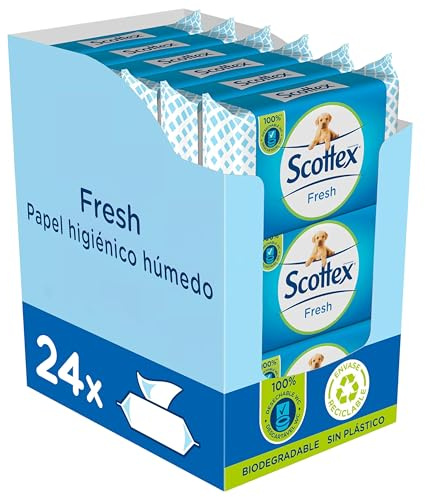 Scottex Papel Higiénico Húmedo Fresh con Agua Micelar y Vitamina E, Biodegradable y Sin Plástico | 24 paquetes de 74 servicios, 1776 unidades | Toallitas Húmedas Desechables por WC