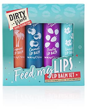 Dirty Works Feed My Lips Lip Balm Gift Set – 4 Lip Tubes in Assorted Flavours, Hydrating Lip Care Collection