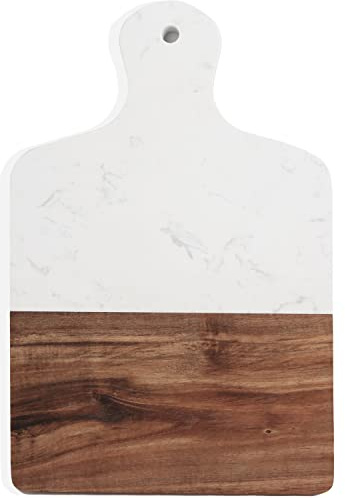 Azauvc Tabla de cortar con mármol y madera natural, tabla de servir para frutas de carne con asa, tabla de cortar para pan como bandejas de servir (blanco)
