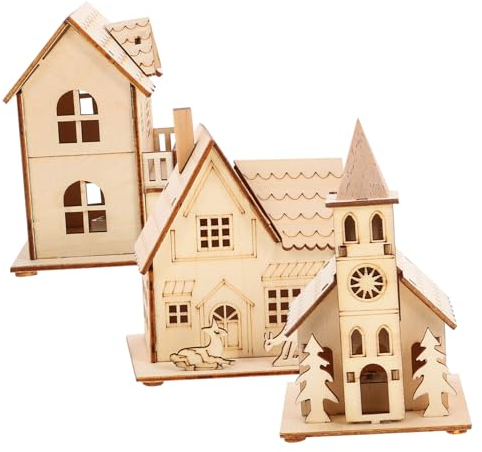 Toyvian Holz LED Weihnachtshaus Beleuchtet Holzhaus: 3 Stücke Weihnachtsdorf Häuser Winterdorf Weihnachtsstadt mit Beleuchtung Weihnachten Tichdeko Miniatur Haus Xmas Deko Objekt Kinder