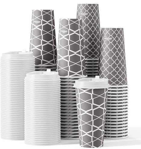 JOLLY PARTY Disposable Coffee Cups with Lids -20 oz (100 Sets) To Go Cups, Paper Coffee Cups for Beverages Espresso Tea, Suitable for Cafes, Offices and Home