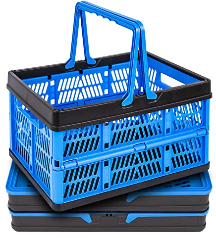 STEGEWOP 3-Pack Collapsible Storage Baskets, Stackable Plastic Crates with Handles for Freezer Organization, Grocery Shopping, RV Camping & Home Storage, Holds 20 lbs Each, Folds Flat to 1.7