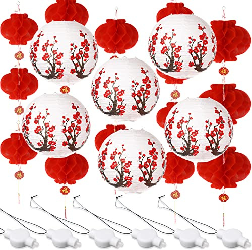 30 Stück chinesische japanische LED-Laternen, Dekoration, inklusive 6 Stück 30 cm Kirschblumen, Papierlaternen, Festival, Party-Dekoration