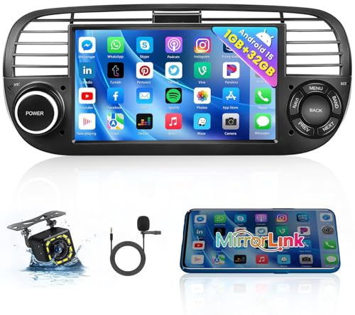 Hikity 1+32GB Android 15 Radio Coche, para Fiat 500 (2007-2015) Radio, Pantalla Táctil de 7 Pulgadas, Bluetooth, Mirror Link, Spilt Screen, GPS WiFi FM RDS SWC USB, Cámara de visión Trasera