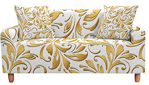 Highdi Klassisch Vintage Sofabezug Sofaüberwürfe für 1/2/3/4 Sitzer, Armlehnen Sofa Cover Elastisch Stretch Antirutsch Sofa Cover Sofahusse Couchbezug Möbelschutz (2 Sitzer,Golden Jacquard)