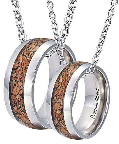 KnSam 2er Partner Ketten Edelstahl, Silber Partner Ketten Set mit Ring Anhänger 8MM Holz für Frauen Männer, Frau 50cm Mann 60cm, Größe Damen 54 Herren 62
