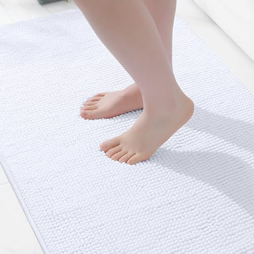 Homaxy Chenille Badrumsmatta, halkfri, tvättbar badmatta, mjuk badmatta, absorberande duschmatta för badrum – 60 x 90 cm, vit