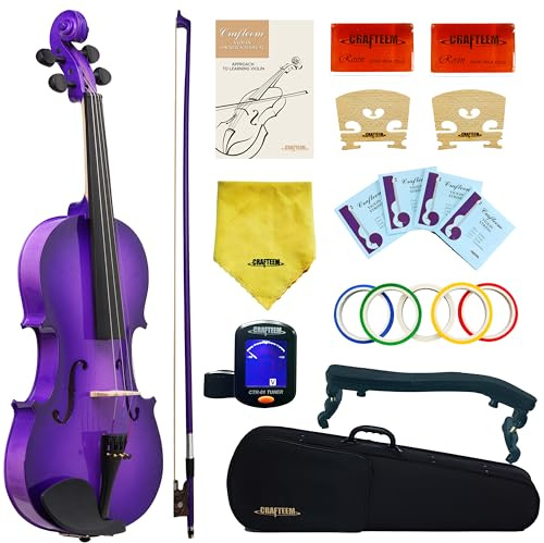 Crafteem 1/2 Fiddle Purple Colored Premium Violin Outfit for Beginners Adults Kids With 5 Color Fingering Tape- Handcrafted Student Beginner Violin. (Purple, 1/2)