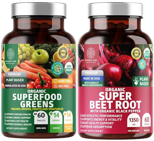 Number One Nutrition N1N Premium and Organic Superfood Greens and Beet Root Tablets for Immunity and Antioxidant Support, Packed with Alfalfa, Spirulina and Barley Grass, 120 Tablets