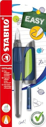 STABILO - Schulfüller mit Linkshänder-Feder L - EASYbuddy Twilight Sky in stahlblau/limette - blau (löschbar) - inkl. Patrone - Blister