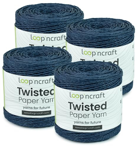 Papiergarn 4er-Set, Marineblau, Loopncraft, 1000m - 600g, Twisted Paper Yarn, Natürliches Papierkordel