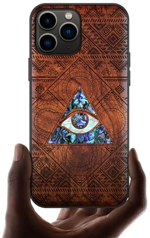 Carveit Coque Compatible avec iPhone 11 Pro Étui en Bois Cover [Gravure en Bois et Incrustation de Coquille] Case pour 11 Pro Coque Premium (Rosé-Allsehendes Auge)