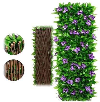 QYMLSH Faux Ivy Leaf Privacy Screen Greenery Backdrop,Expanding Garden Trellis Panels,3PCS Retractable Artificial Ivy Violet Flower Fence Screening, Backyard Balcony Garden Decor(2pcs)