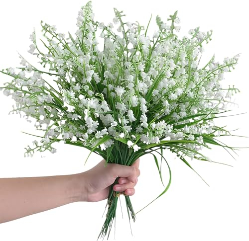 MHYMX Ramo de Flores Artificiales - 12 Paquetes de Lirios de los Valles Blancos para Exteriores, Como Verdaderas, Resistentes a la Intemperie