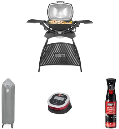 Weber Q2400 Barbacoa Eléctrica, Gris, 55020053 + Weber 7177 Cubierta para Parrilla + Weber iGrill 2-50, 380°C Digital Termómetro de Comida + Weber Cleaner Q & Pulso Limpiador, Negro