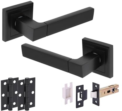 Hunta HANDLEZONE® Reno Internal Door Handle Pack, Complete with Lever Handles on Square Rose, 76mm Latch, 75mm Ball Bearing Hinges - Black Matt