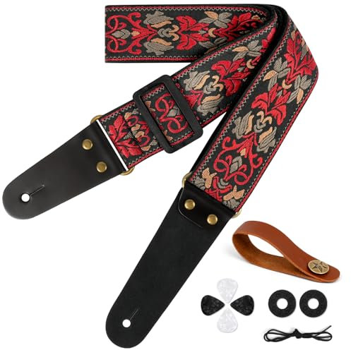 Aucuu Gitarrengurt, 2 Vintage bestickte Baumwolle Gitarrengurt, Verstellbarer Gitarrenband-Echtleder Enden für Bass Elektro Akustik, mit Gurtknopf 2 Gurtschlössern 4 Gitarrenplektren