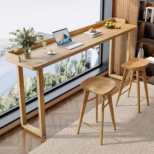 Mesa de bar rectangular Escritorio de madera maciza,Mesa de bar industrial para comedor Con valla,Mesa de comedor larga y angosta Mesa de cocina,Mesa de bar exterior moderna,Sin taburete(160*40*105cm/