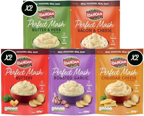 Idahoan Perfect Mash Potato Variety Pack of 8 x 109g - Instant Mashed Potato Family Pack Butter & Herb, Buttery, Bacon & Cheese, Roasted Garlic, Cheddar Cheese Mashed Potaoes Cooks in 1 Minute