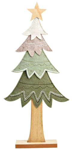 Tannenbaum Aufsteller für Innen 26 x 55 cm - Außergewöhnliche Weihnachtsdeko im Kunstfell-Look, Winterdeko Baum mit Holz - skandinavische Dekofigur grün für winterliche Tisch- und Weihnachtsdekoration