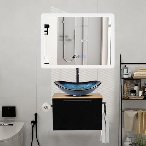 YU YUSING Badmöbel Set Waschbeckenunterschrank Badezimmerschrank 60cm Waschbecken Unterschrank, Badspiegel LED 80x60cm, Anti-Beschlag, Badezimmermöbel mit Waschtisch,Wasserhahn Set(Oval Blau)