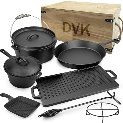 Juego de 8 ollas y sartenes de hierro fundido para hornear y parrilla cuadrada, utensilios de cocina para camping