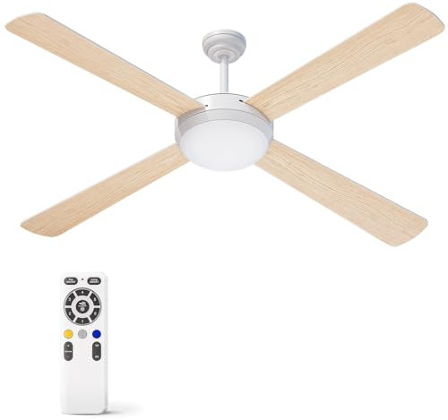 Ventilatore da soffitto con luce e telecomando, ventilatore a soffitto a 4 pale in legno naturale bicolore, ventilatore a soffitto reversibile e silenzioso con (44YFT- 4420BK) (52YFT-4420WH)