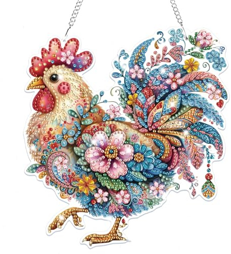 Lxmsja 5D Diamond Painting Anhänger Huhn, Tier Diamond Painting Kinder Erwachsene, Hängende Ornament Bastelset Kreativ Set für Erwachsene Geschenk Mädchen 7 8 9 10 11 Jahre, Kranz Tür Fenster Deko