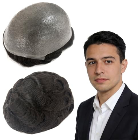 Tresshairca Men‘s Hair System - 0.04-0.06mm Ultra Thin Skin Undetectable Toupee with #1B Natural Black Real Human Hair, 110% Density, 8x10 Inch Breathable PU Base for Men (Invisible Hairpiece UK)