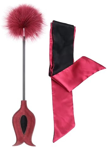 Adult Feather Tickler for BDSM Play Red 15, Satin Eye Mask for Women Red 59 Sex Bondage Blindfold, SM Starter Kit Restraints Fetish Toys Couples