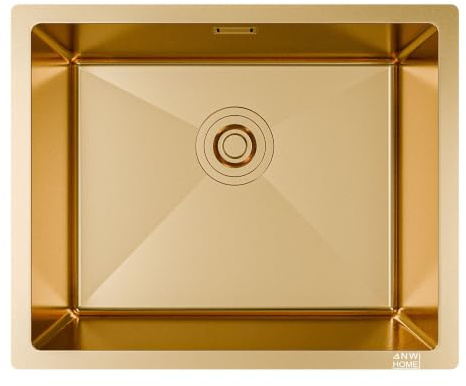 ANW HOME Fregadero Cocina 1 Seno 54x44 cm, Dorado PVD | Bajo Encimera, Revestimiento Nano, Grosor 3.0+1 mm, Profundidad 22 cm, Con Sifón