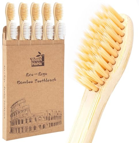 Tooth HaHa Bamboo Toothbrushes for Adults, BPA-Free Soft Tapered Bristles, Eco-Friendly Natural Organic Wooden Toothbrush, 10-Count Toothbrushes Travel Set