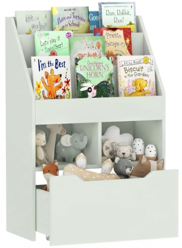 HOMCOM Kinder Bücherregal mit Schublade, 60 x 29,9 x 90 cm Hellgrün | Kinderregal, 3 Ablagefächern, 2 Offenen Fächern, Aufbewahrungsregal, Kinderzimmer, Spielzimmer