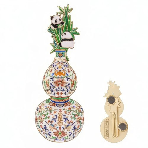 Famille Rose Gourd Vase Refrigerator Magnet - Chinese Floral Panda Metal Relief Pendant Fridge Art Museum Souvenir