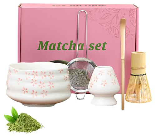 XPJBKC Matcha Whisk Set, 5 PCS Matcha Set Pink, Reusable Matcha Whisk and Bowl, Matcha Powder Strainer, Gift for Beginners and Enthusiasts (Sakura)