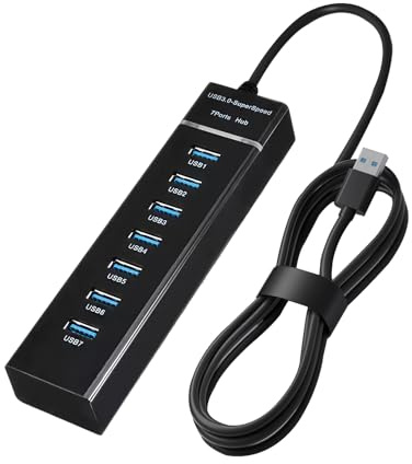 7 Port USB 3.0 Hub Powered Aluminum Multi USB Port Splitter Adapter with 1M Extension Cable, SuperSpeed 5Gbps Data Transfer & Charging Desktop USB Extender for PC, Mac, Laptop, PS4, Xbox