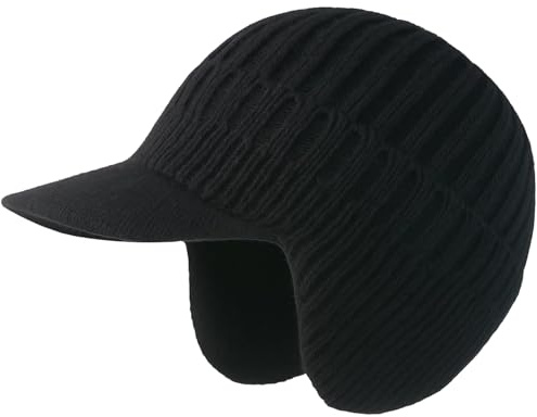 EujRcf Winter Beanie with Visor and Ear Flaps, Warm Fleece Lined Newsboy Baker Boy Hats for Cold Weather, Unisex Outdoor Warm Thick Fleece Lined Knit Hat Gift for Men Husband Dad, Black