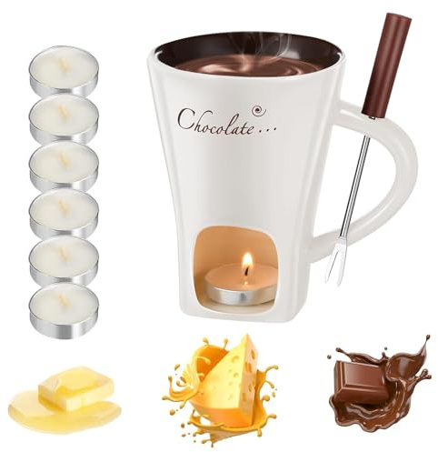 Chocolate Fondue Mug Set – Ceramic Chocolate Melting Cup with Forks & 6Pcs Candles, Mini Cheese & Butter Warmer Pot for Hot Chocolate, Desserts, Date Night, Birthday & Wedding Gifts (White) (D)