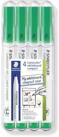 STAEDTLER 341 Kompakt Lumocolor Whiteboard markörpenna – 1-2 mm kulspets – torra suddbara markörer – plånbokspaket med 4 pennor (grön)